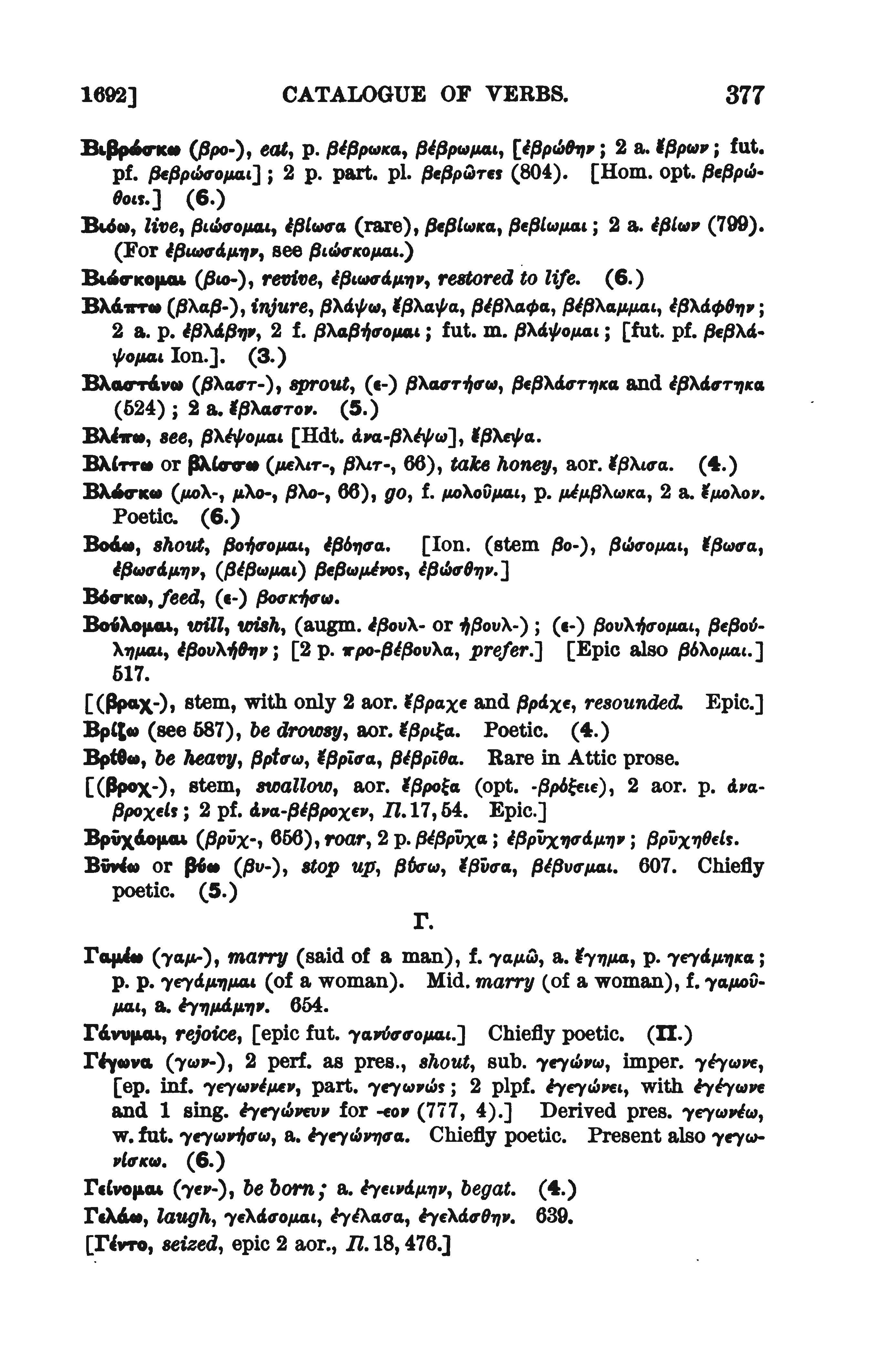 page from Goodwin's catalogue of verbs